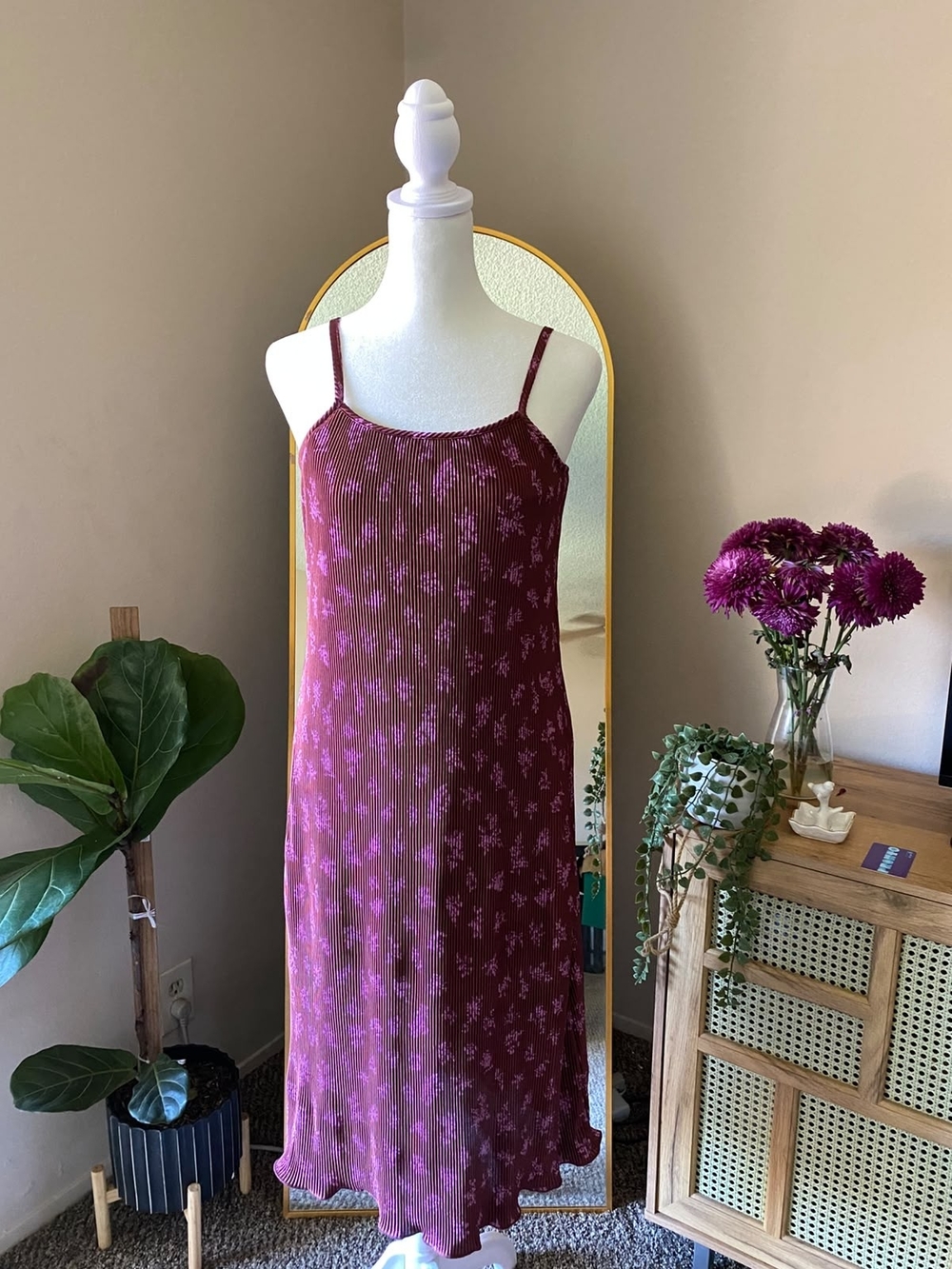 love, Fire Burgundy Dress with Pink Floral Accents